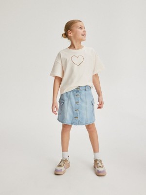 Cream Reserved Cotton T-embroidery Details Girls' T-shirts | QZEC-98321