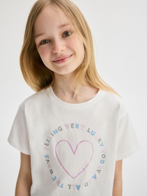 Cream Reserved Cotton T-print Girls' T-shirts | ILNH-90856