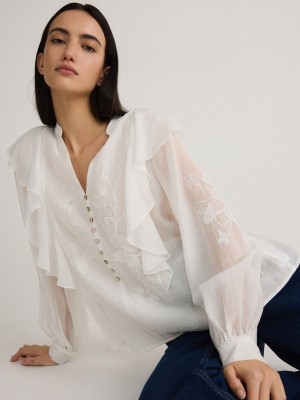 Cream Reserved Decorative Embroidery Women's Shirts | VBXS-12984