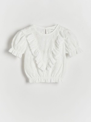 Cream Reserved Openwork Flounce Girls' T-shirts | KBOM-32675