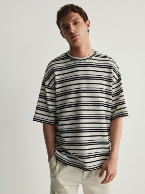 Cream Reserved Oversized Stripe Men's T-shirts | WANJ-31687