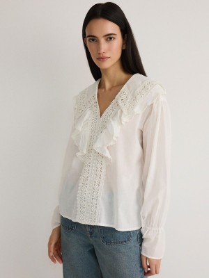 Cream Reserved Ruffle Neck Women's Shirts | JOWC-93165