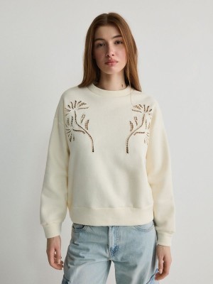 Cream Reserved Sweatembroidery Detailing Women's Sweatshirts | BQKI-50386