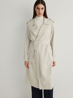 Cream Reserved Tie Waist Women's Coats | ZVLF-95463