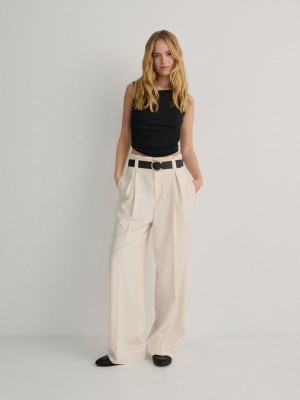 Cream Reserved Tie Waist Women's Trousers | TFEW-73014