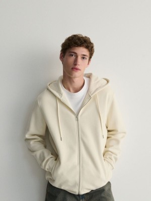 Cream Reserved Zip Up Men's Sweatshirts | FBCI-50248