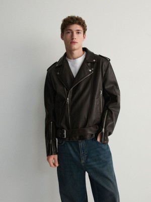 Dark Brown Reserved Faux Leather Biker Men's Jackets | YPKA-12563