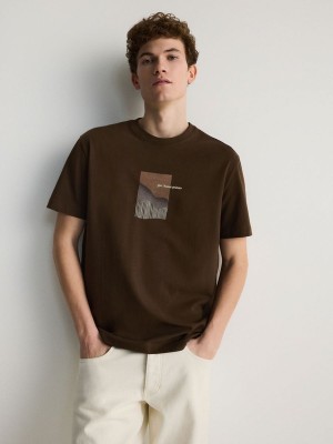 Dark Brown Reserved Regular Fit T-print Men's T-shirts | UKMF-31852