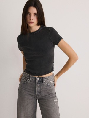 Dark Grey Reserved Rib Knit Cotton Rich Women's T-shirts | JUST-32091