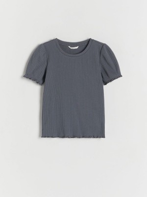 Dark Grey Reserved Rib Knit Girls' T-shirts | FOQL-86124