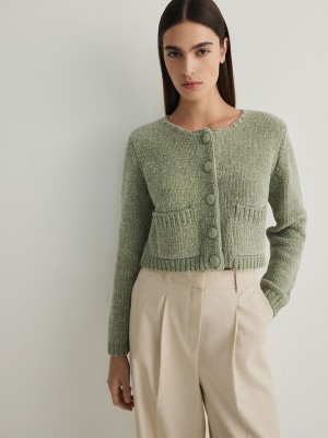 Green Reserved Cropped Cardiganpockets Women's Sweaters | OXHV-20394