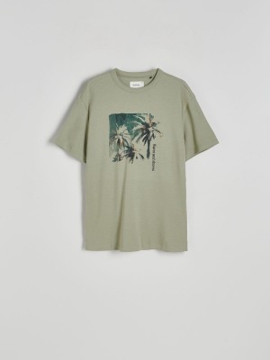 Green Reserved Regular Fit T-print Men's T-shirts | VSUN-47591