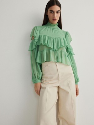 Green Reserved Ruffle Women's Shirts | QLRX-08291