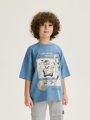 Grey / Blue Reserved Cotton T-print Boys' T-shirts | ILJZ-02796