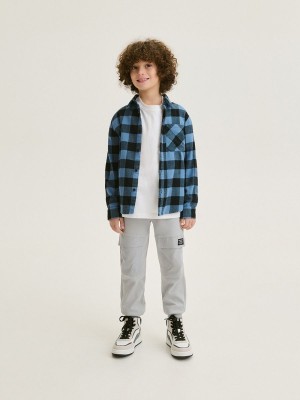 Grey / Blue Reserved Regular Fit Flannel Boys' Shirts | NKLJ-94816