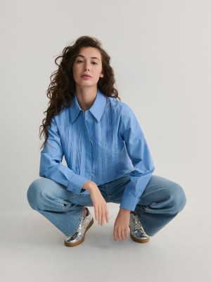 Light Blue Reserved Pleated Women's Shirts | CQDP-54317