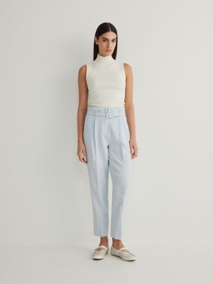 Light Blue Reserved Pressed Crease Linen Blend Women's Trousers | FKCZ-47193