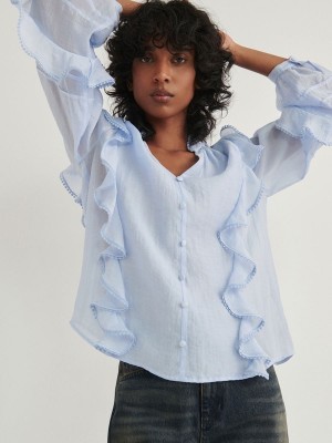 Light Blue Reserved Ruffle Women's Shirts | MBZO-59461