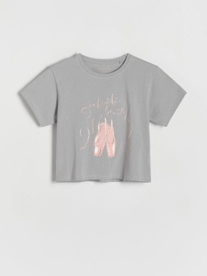 Light Grey Reserved Cotton T-print Girls' T-shirts | CFPS-80456