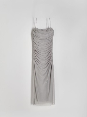 Light Grey Reserved Tullegathered Details Women's Dress | KCVR-93260