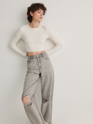 Light Grey Reserved Wide Leg Distressed Women's Jeans | KQNO-16723