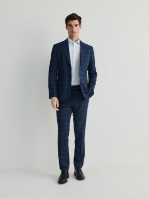 Navy Reserved Check Slim Men's Suits | OFMI-13480