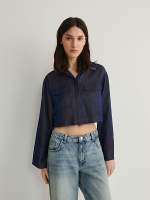 Navy Reserved Cropped Satin Women's Shirts | UPHK-45910