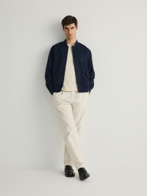 Navy Reserved Linen Rich Bomber Men's Jackets | VETO-68093