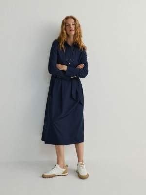 Navy Reserved Midi Women's Dress | HJYP-60234