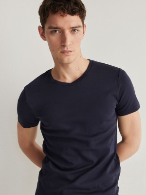 Navy Reserved Slim Fit V-neck Men's T-shirts | GARY-87923