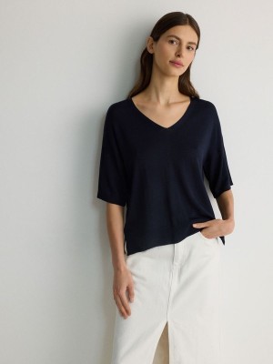 Navy Reserved Viscose Rich Top Women's Shirts | KMQJ-53692