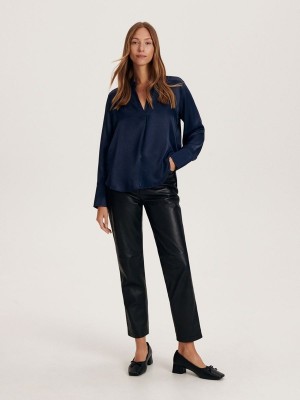 Navy Reserved Viscose Women's Shirts | JSWR-84053