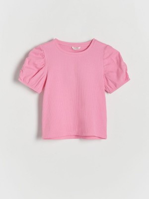 Pink Reserved Puff Sleeve Girls' T-shirts | XWSE-21746