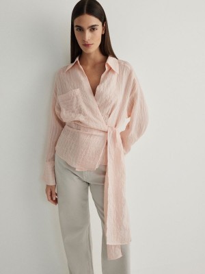 Pink Reserved Wrap Front Tie Detail Women's Shirts | PEGS-93027