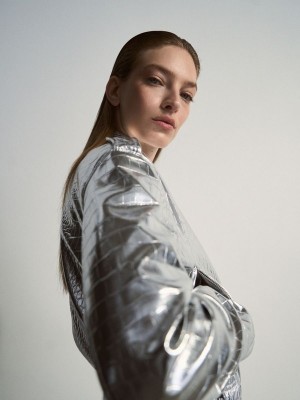 Silver Reserved Metallic Faux Leather Women's Jackets | SAUL-78254