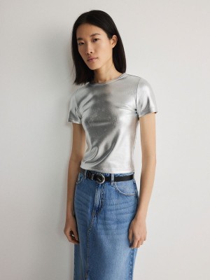 Silver Reserved Metallic Shine Women's Shirts | KMGY-02438