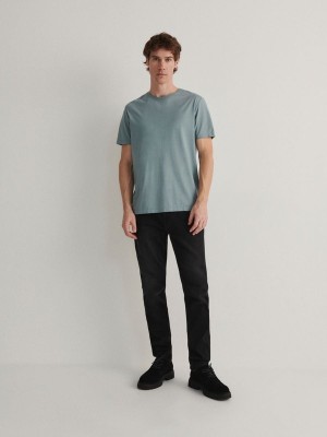 Turquoise Reserved Lyocell Blend Plain Men's T-shirts | GAVX-65893