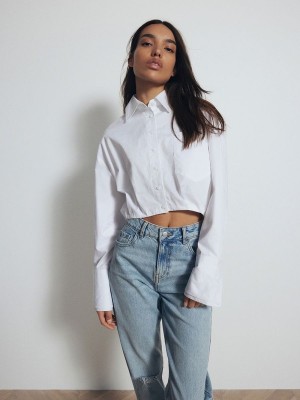 White Reserved Cropped Cotton Women's Shirts | ELPF-14752