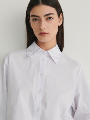 White Reserved Decorative Collar Women's Shirts | VRAP-28179