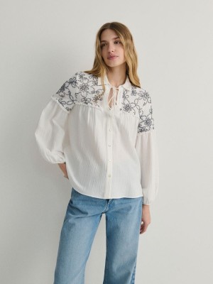 White Reserved Decorative Embroidery Women's Shirts | OLPY-26359