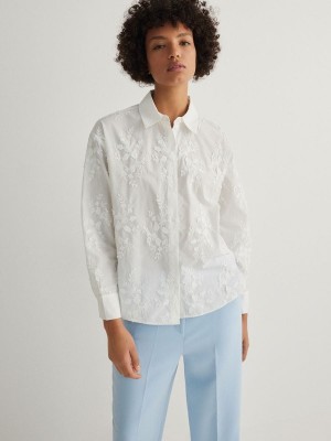 White Reserved Embroidery Women's Shirts | REOQ-21084