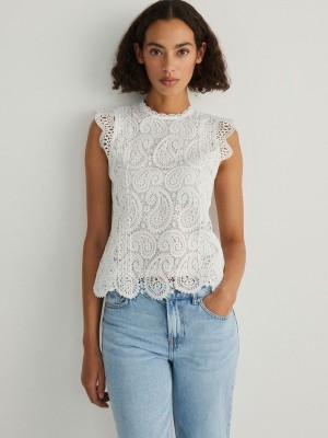 White Reserved Lace Women's Shirts | FQRU-97463