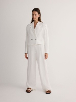 White Reserved Linen And Viscose Blend Women's Trousers | MRBC-79103