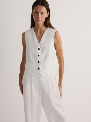 White Reserved Linen Blend Women's Vest | EQWB-26913