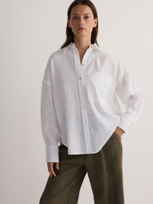 White Reserved Linen Women's Shirts | PKEB-57102