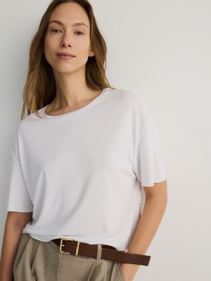 White Reserved Modal Blend Women's T-shirts | QRHF-31678