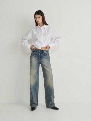 White Reserved Openwork Inserts Women's Shirts | RCXV-37042