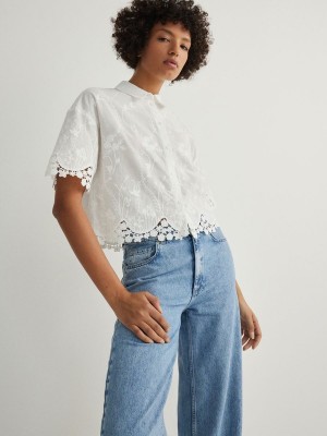 White Reserved Openwork Pattern Women's Shirts | KBVC-07368