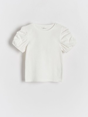 White Reserved Puff Sleeve Girls' T-shirts | ENSV-08234