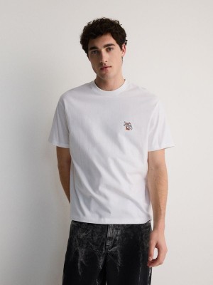 White Reserved Regular Fit T-print Men's T-shirts | RJPU-56187